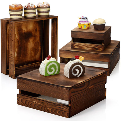 Sieral 4 Pieces Wood Cupcake Display Stand Decorative Dessert Appetizer Cake Stand Risers Wooden Crate Rustic Cake Risers for Storage for Party Christmas Halloween Wedding Decor(Burnt Wood)