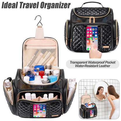 Large Leather Toiletry Bag for Women Men,Bathroom Bag,Water Resistant Shower Bag,Makeup Bag,Portable Shower Caddy for College Dorm,Hanging Travel Toiletry Bag with Transparent Waterproof Phone Pocket