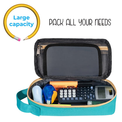 ECHSRT Large Pencil Case, Aesthetic Pen Pouch with Big Capacity, Minimalist Portable Stationery Bag with Handle for Office Organizer Teal Pencil Cases