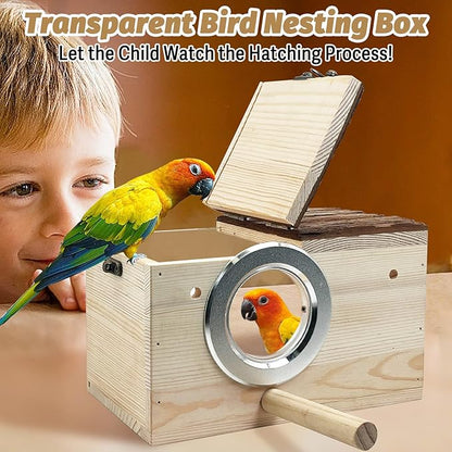 Tfwadmx Parakeet Nesting Box - Wooden Parrot Nest for Cockatiel, Lovebirds, Budgie, Conure - Acrylic Transparent Bird House With Perch for Breeding