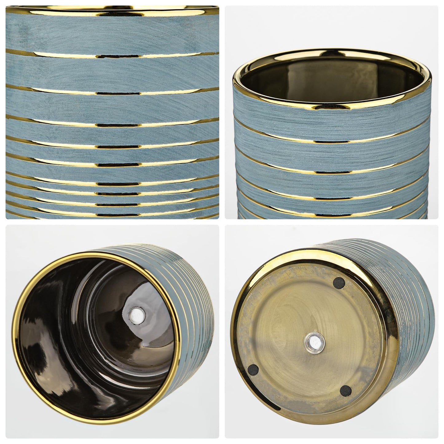 GnFlus Grey Ceramic Plant Pots, 5.5 + 6.2 Inch Gold Striped Planter for Plants, Modern Flower Pots for Home and Office, Indoor Planters with Drainage Set of 2