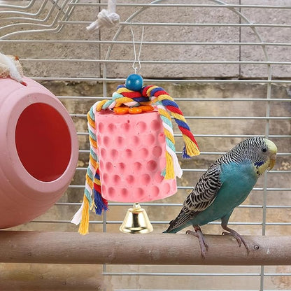 Luxshiny Mineral Block Bird Chewing with Bell for Parrots and Parakeets Beak Grinding Stone Cage Accessory for African Grey Cockatiels Interactive Chew for Boredom Relief and Play