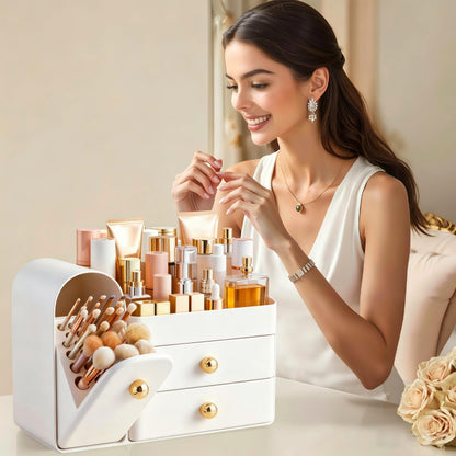HBlife Makeup Organizer Countertop with Drawers, Vanity Organizers with Brush Holder, Bathroom Counter Organizer for Perfume, Nail Polishes, Lipsticks, Skincare and Eyeshadow Palettes, White