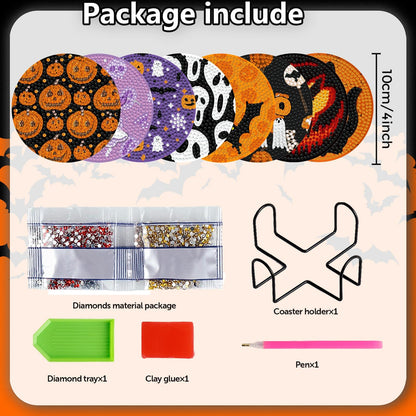 Demonwer 8 Halloween Diamond Art Coasters with Holder DIY Halloween Diamond Dot Coasters 5d Full Drill Diamond Coasters for Adults