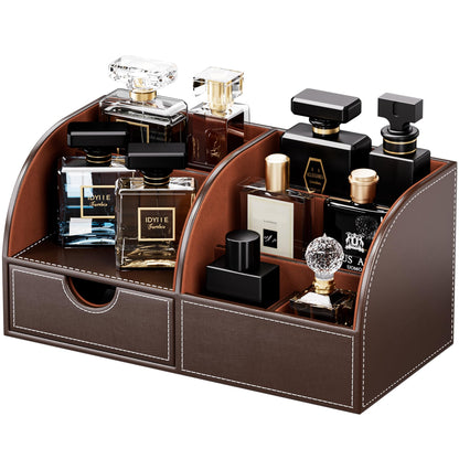 KINGFOM Cologne Organizer for Men, PU Leather Dresser Organizer with Drawer, Countertop Cologne Holder for Watch, Wallet, Keys, Sunglasses, Bathroom Bedroom Nightstand Organizer, Gifts for Men Brown