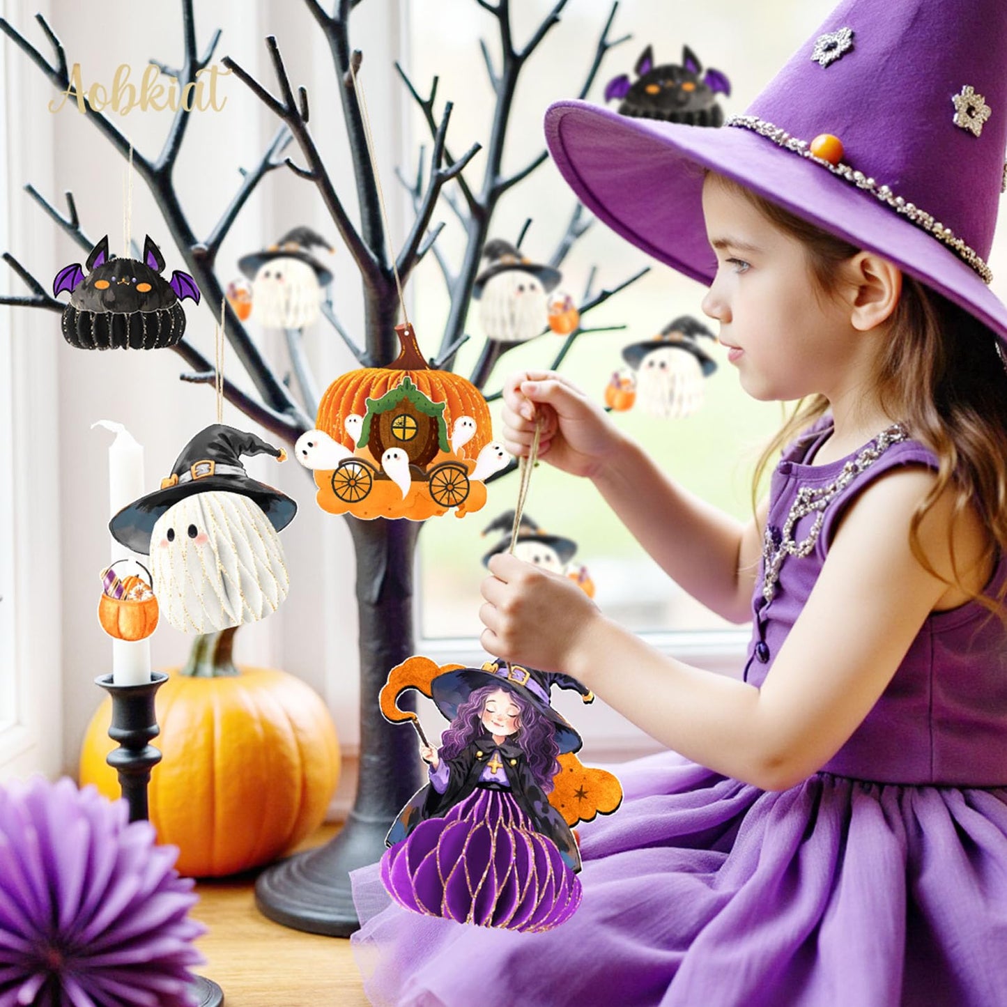 AOBKIAT Halloween Party Decorations,5PCS Hanging Honeycomb Ornaments