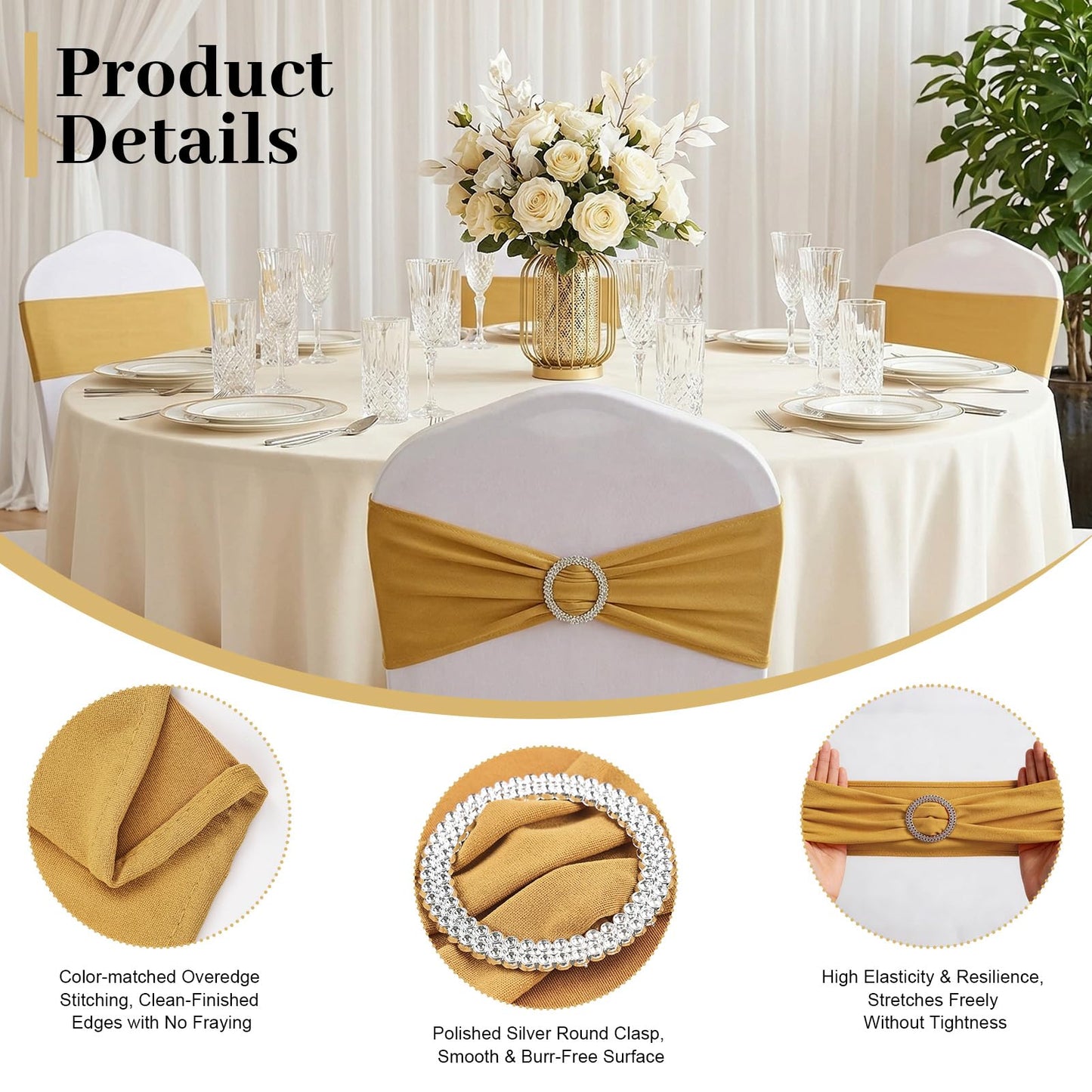 MehelloFeather Spandex Chair Sashes 50Pcs Chair Bows for Weddings Parties Holiday Celebrations and Event Decorations(Gold)