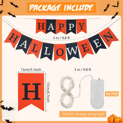 Happy Halloween Decoration Fabric Banner with String Light for Fireplace - Black & Orange Halloween Flag Party Mantel Hanging Decoration Supplies