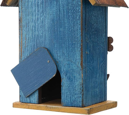 Glitzhome Hanging Bird House for Outdoor, 10.2" H Decorative Birdhouse Pet Cottage Distressed Wooden Bluebird House with 3D Flowers for Outdoor Patio Garden, Washed Blue