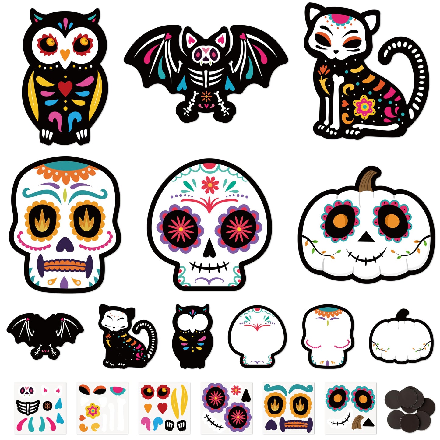 Haooryx DIY Day of The Dead Magnet Craft Kit - 30 Set Make Your Own Dia de Los Muertos Sugar Skull Decoration Sticker Craft Halloween Mexican Festival Party Supply Kid Art Project Bulletin Board Decor