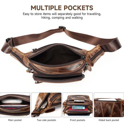 Genuine Leather Fanny Pack for Men Belt Bag Women Waist Purse Small Hiking Running Waist Pack for Phone Bum Hip Bags Shoulder Crossbody Bags
