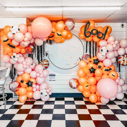 Halloween Balloons Arch Pink Black Orange Balloons Garland with Spider Foil Black Orange Pink Latex Balloon Bat Ghost Eyes Balloon for Party Haunted House Birthday Decorations
