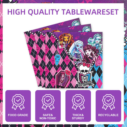 141Pcs Monster Academy Party Supplies Gothic Paper Plates (9"+7"), Cups, Napkins, Forks, Knives, Straws, 1 Tablecloth Decorations with Skull, Bat Print for Birthday, Horror Movie Night Halloween