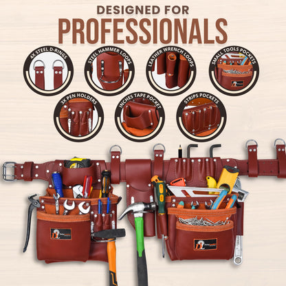 Daisy Leather PRO DL-101 Oil tanned Premium 25 pockets Heavy duty Tool Belt, Carpenter belt Pouch for Construction, Carpenter, Craftsman and Electricians workers, Black, X-Large (Cherry Leather)