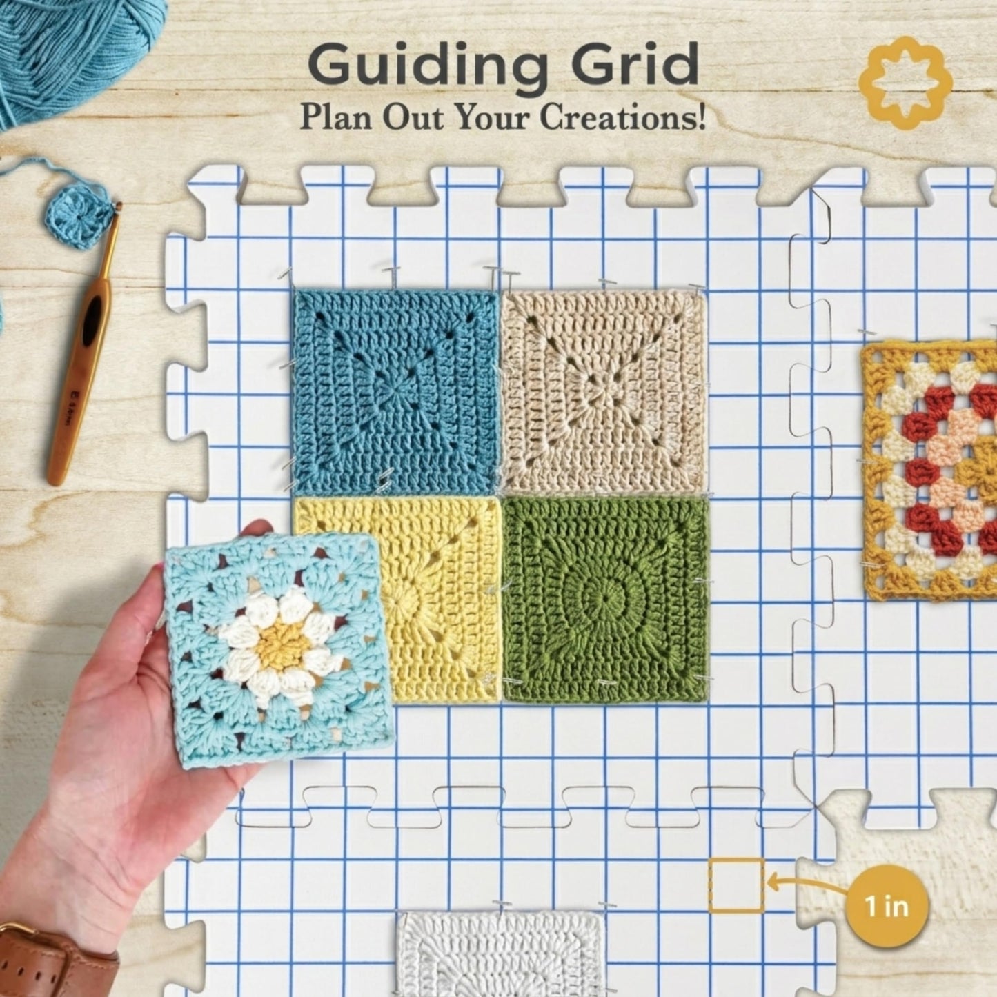 Unordinary Granny Crochet Blocking Board Set – 9 Extra Thick Interlocking Mats with Grid, 150 T-Pins, Felt Storage Bag and Cotton Pouch (Soft White)