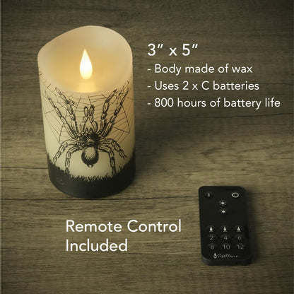 Softflame Halloween Flameless LED Candles with Remote Control, 3"x 5"Battery Operated Pillar Real Wax with Timer for Halloween Decorations, Spider Candle