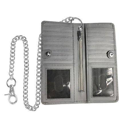 CLASSIC Motorcycle Chain Wallet for Men – Premium Cowhide Leather, RFID Bi-Fold Biker Wallet with Heavy Duty Chain for Bikers Truckers & Hunters, Credit Card Money Organizer Long Wallet Aniline Grey