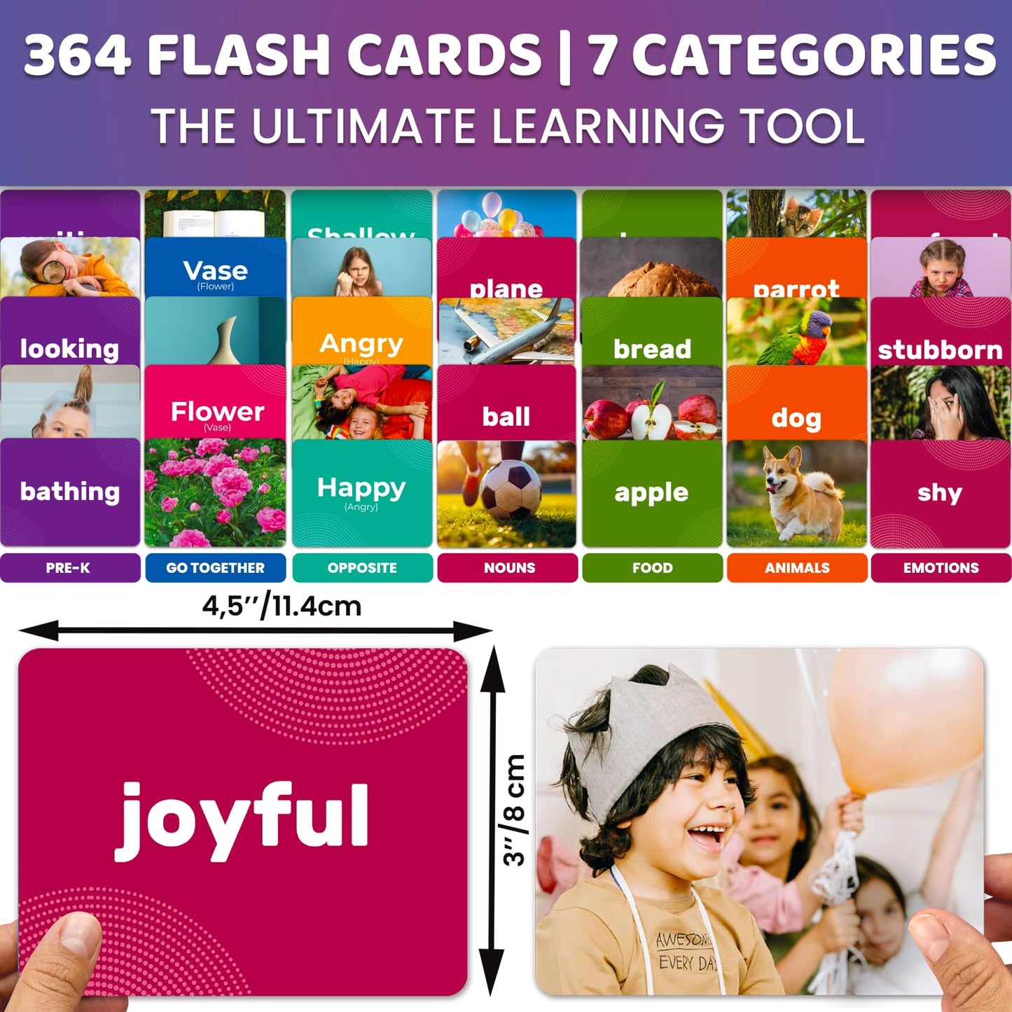 QUOKKA 364 Flash Cards for Kids Adults - Real-Life Large Preschool Flash Cards for Speech Therapy, ABA Therapy, ESL Teaching, Early Childhood Education, 7 Vocabulary Building Categories with Emotions