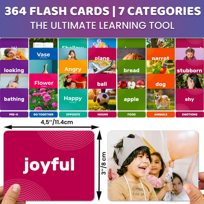 QUOKKA 364 Flash Cards for Kids Adults - Real-Life Large Preschool Flash Cards for Speech Therapy, ABA Therapy, ESL Teaching, Early Childhood Education, 7 Vocabulary Building Categories with Emotions