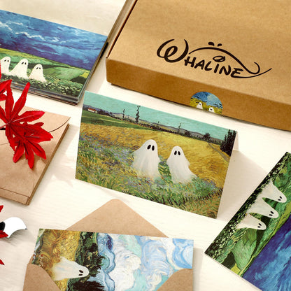 Whaline 50 Pack Halloween Cards Cute Ghost Greeting Cards with Envelopes Stickers Glue Stick Blank Note Card for Party Invitations, 4 x 6 Inch