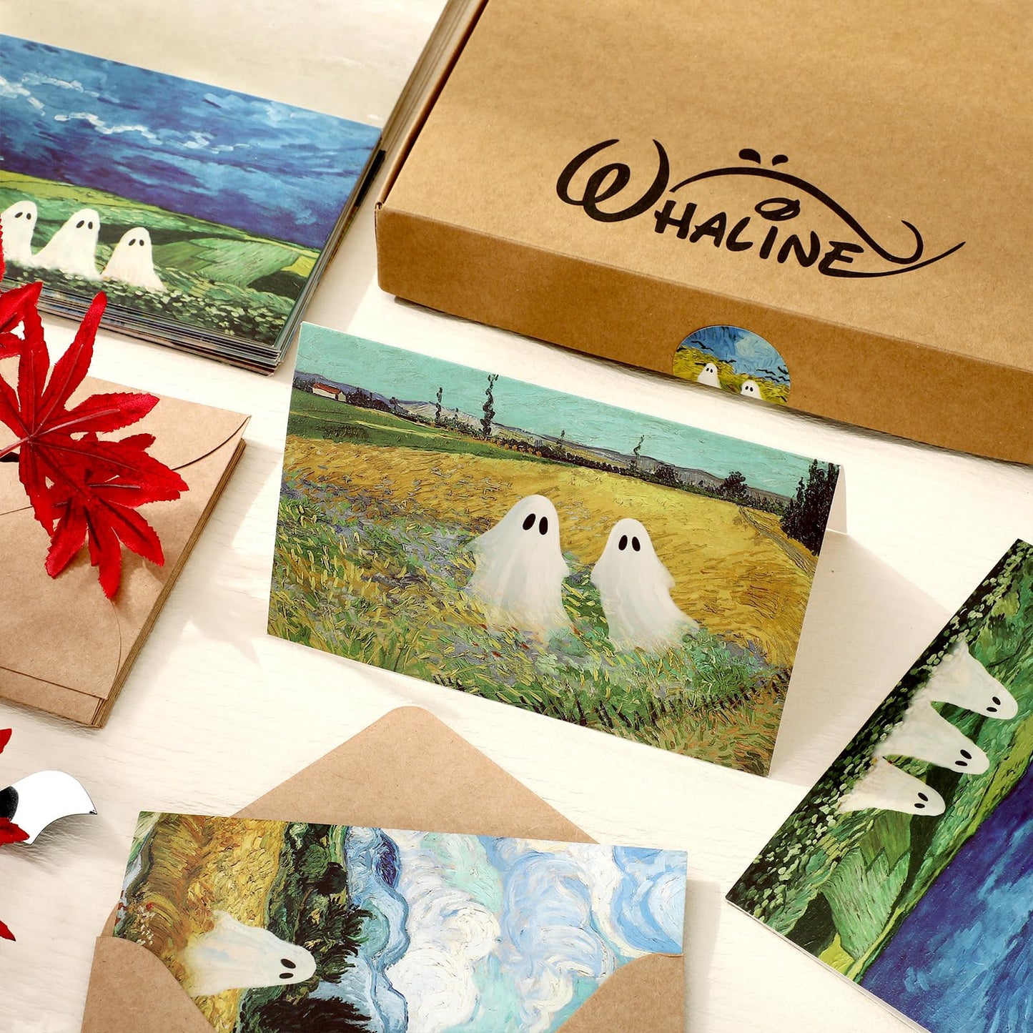 Whaline 50 Pack Halloween Cards Cute Ghost Greeting Cards with Envelopes Stickers Glue Stick Blank Note Card for Party Invitations, 4 x 6 Inch