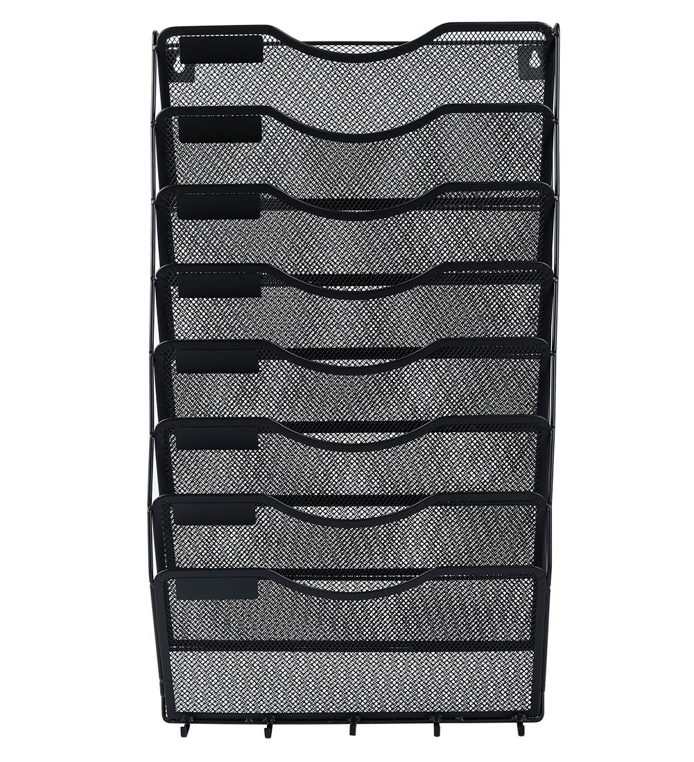 EasyPAG 8 Pocket Mesh Wall File Organizer with Key Hooks, Hanging Paper Folder Holder with Classify Label, Vertical Wall Mount Mail Organizer for Office Home Classroom, Black