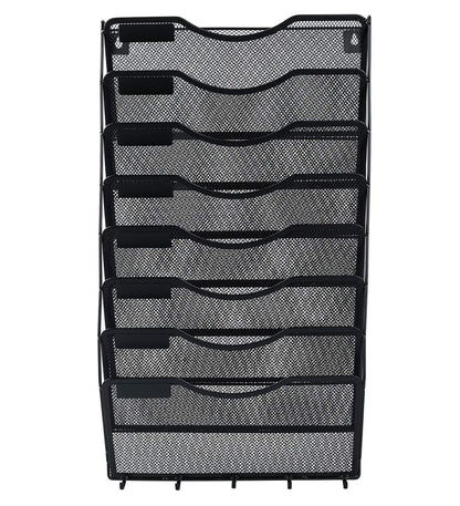 EasyPAG 8 Pocket Mesh Wall File Organizer with Key Hooks, Hanging Paper Folder Holder with Classify Label, Vertical Wall Mount Mail Organizer for Office Home Classroom, Black