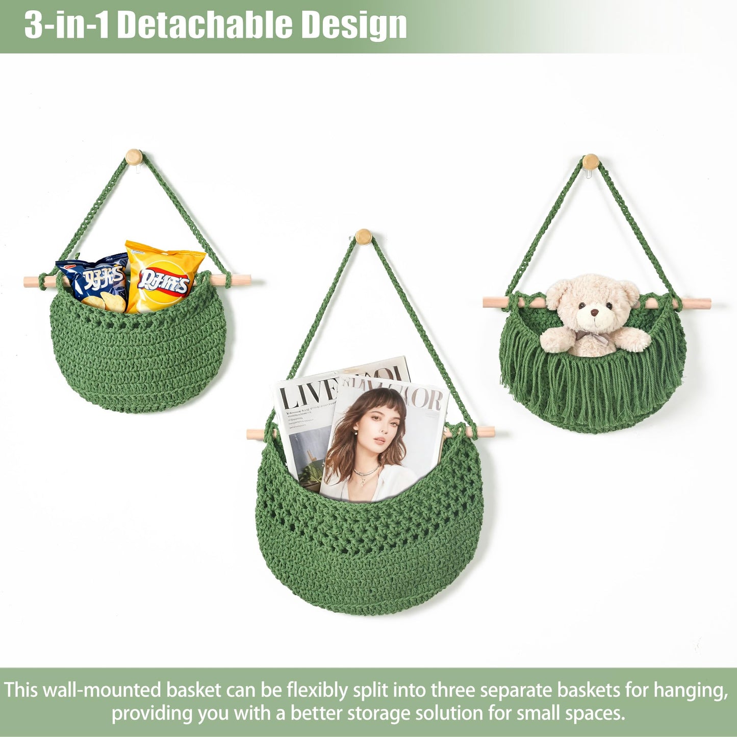 Halidali 3 Tier Hanging Fruit Baskets for Kitchen, Boho Cotton Rope Handwoven Vegetable Hammock Produce Storage Wall Mounted Large Organizing Basket for Farmhouse Decor, Onion, Potato (Green)