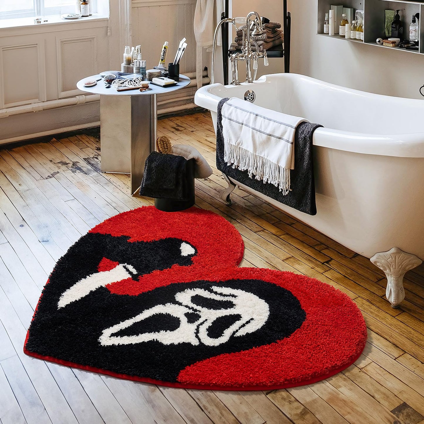 TANVILL Bathroom Rugs Black Red Bath Mat Non Slip, Christmas Home Decor, 35”x42” Funny Skull Large Bath Rugs Washable Absorbent Gothic Decor Spooky Gifts