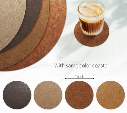 RENMTURE Faux Leather Placemats Set of 4,with 4 Cup mat,Washable, for Kitchen Dining Table,Restaurant,Coffee Shop (Walnut Brown, Round)