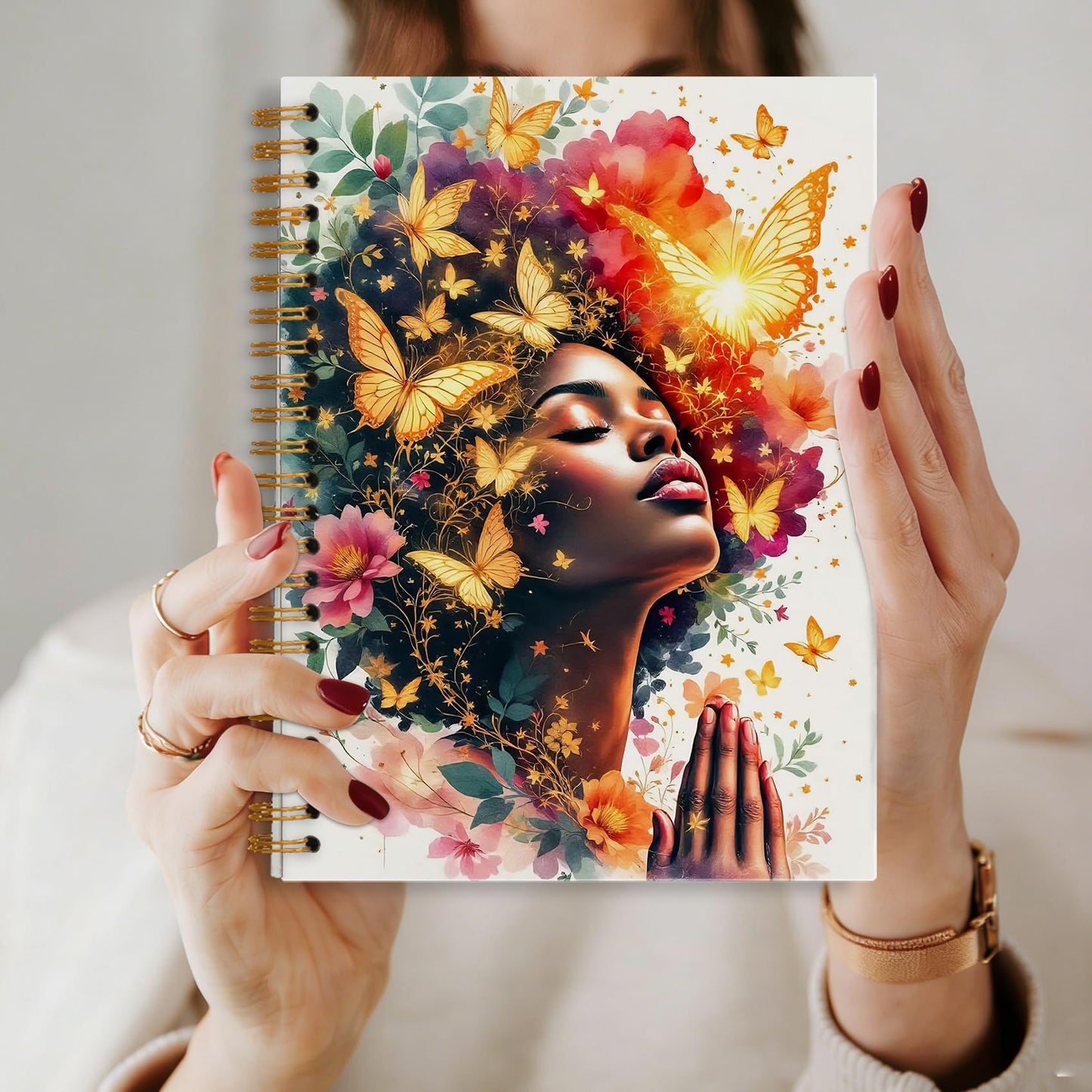 sdfkmlcdl Inspirational Black Women Praying Spiral Notebook, African American Gifts Journal for Black Women, Fantasy Golden Butterfly Flower Hardcover Journal, 5.5x8.3