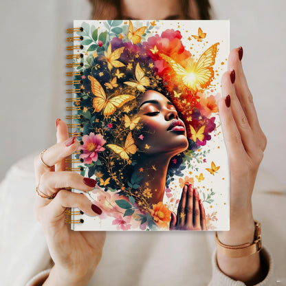 sdfkmlcdl Inspirational Black Women Praying Spiral Notebook, African American Gifts Journal for Black Women, Fantasy Golden Butterfly Flower Hardcover Journal, 5.5x8.3