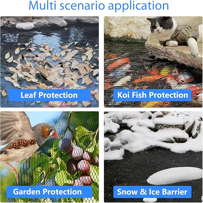 Koi Pond Netting Kit 20 x 30 FT, 3/8" Heavy Duty Woven Mesh Pond Net Cover for Leaves with 12 Stakes, HDPE Pool Netting Protecting Fish from Herons Birds Cats, Black