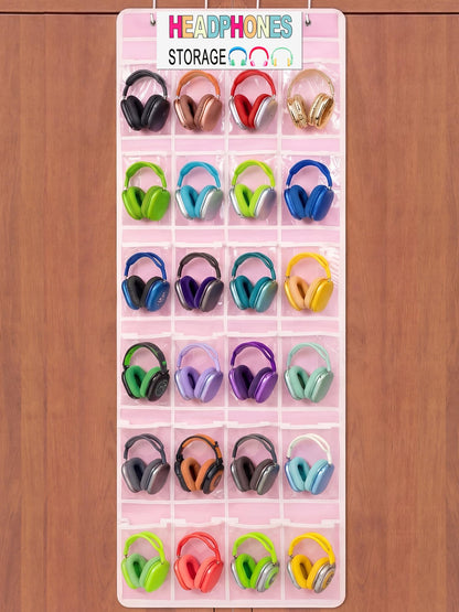 Maasechs Classroom Headphone Storage Organizer 24 PVC Clear Over The Door Hanging Classroom Headphone Holder Pocket with 4 Hooks for School Library(Pink)