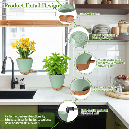 Fielda 6 Inch Self Watering Pots for Indoor Plants (5-Pack) & 2 Pack 10 inch Plant Pots,Plastic Planters with Drainage Holes, Deep Reservoir, Water Level Indicator, Modern Decorative Flower Pot