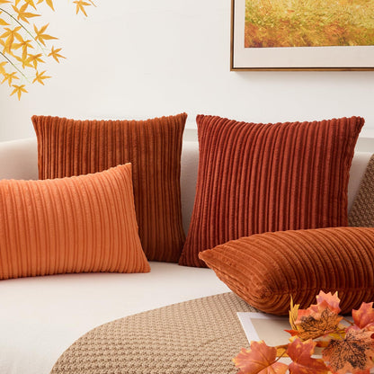 Kevin Textile Fall Pillow Covers 18x18 Striped Corduroy Velvet Cushion Covers Set of 2 Baby Square Decorative Pillowcase for Seasonal Autumn, 18 x 18 inch, Orange