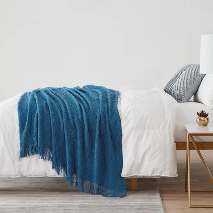 BOURINA Royal Blue Throw Blanket 50 x90 Inches Throw Textured Solid Soft Sofa Throw Couch Cover Knitted Decorative Blanket