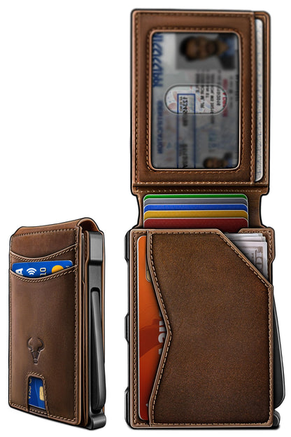BULLIANT Men Full Grain Leather Wallet, Metal Wallet Money Clip Magnetic Flip 13 Cards Pop-up Access Simplifed Bill Folder