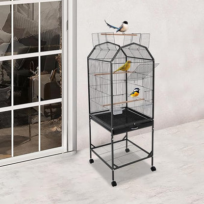 Birdcage Open Top 54 Inch Birdcages with Pull-Out Tray, Rolling Bird Cages with Wheels for Parakeets, Parrot, Cockatiel, Pigeon, Finch Cage(Black)