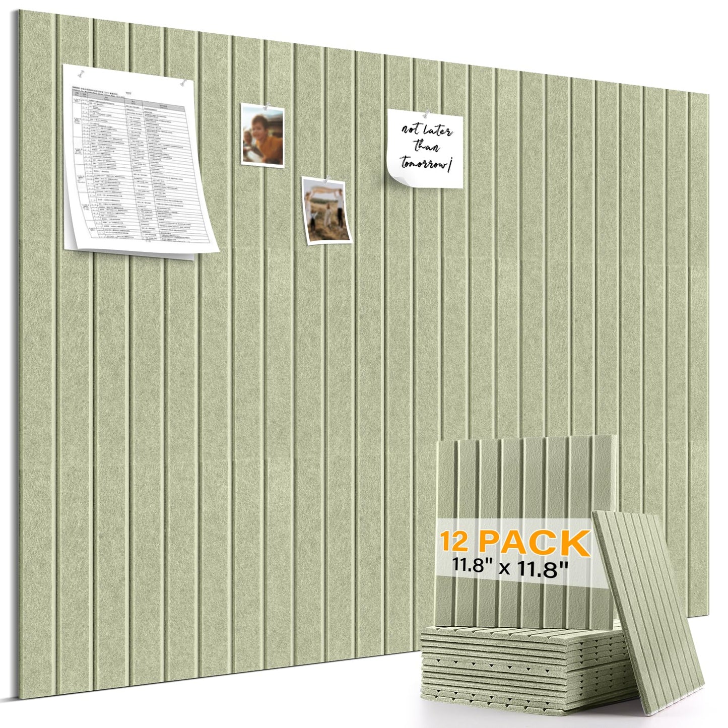 Large Felt Bulletin Board，47.2" x 35.4" 12 Pack Cork Board Alternative for Walls,Felt Wall Tiles for Office & Home Decor,Pin Board with 30 Pcs Pushpins and 72 Adhesive Tabs-Sage
