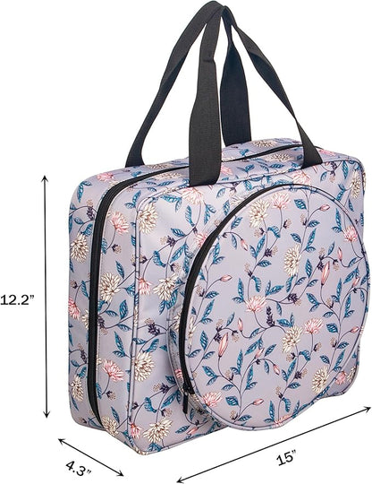 Portable Square Cross Stitch Starter Kits Bag Embroidery Project Bag Embroidery Tool Storage Tote Bag with Multifunctional Pockets, Bag Only (Flower Pattern)