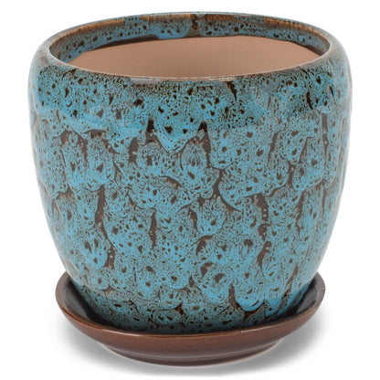 Napco Mottled Teal and Black 4.5 Inch Ceramic Flower Pot Planter with Saucer