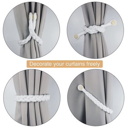 Porlau 4 Pack White Magnetic Soft Curtain Tiebacks Cotton Hand-Woven Tieback Holdback Home Decorative Tie Backs with Wooden Buckle for Home Office Decor