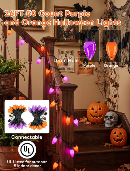 Romasaty Purple and Orange Halloween Lights, 26FT 50 Count Halloween C7 LED String Lights for Indoor/Outdoor Use, Purple Orange Lights for Patio Home Party Garden Yard-Black Wire