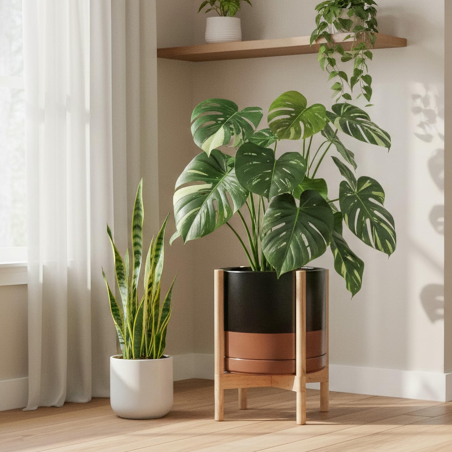 D'vine Dev Ceramic Planter with Natural Stand - 14 Inch Modern Round Flower Pot with Wood Planter Holder, Black/Speckled Tan, 55-B-R-7