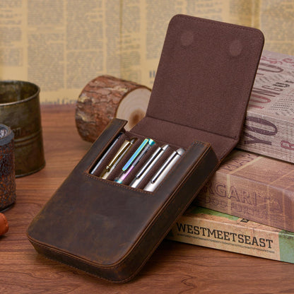Lanxivi Genuine Leather Fountain Pen Case 6 Slot Crazy Leather Organizer, Portable Pen Bag Pouch Drawer Style