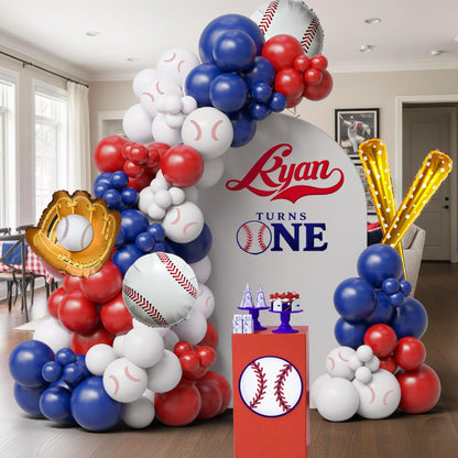 Baseball Balloon Arch Kit, Navy Blue Red White Balloon Garland with Baseball Print Baseball Bat and Glove Foil Balloons, for Rookie Year Baseball Birthday Party Decorations