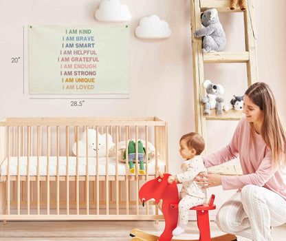 Nursery Banner Wall Decor-Hanging Canvas Rectangular Flag Wall Decoration for Baby Kids Girl Boy,Bedroom Kindergarten Playroom Babyroom Decor,Baby Shower Christmas Gift I Am Kind-28.5"L×20"W