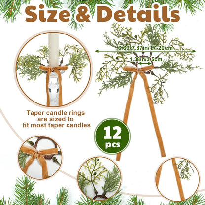 Suncalla 12 Pcs Christmas Pine Taper Rings Wreaths with Velvet Bow Ribbon 1.38 Inch Mini Taper Holder Decorations for Xmas Holiday Church Home Table Centerpiece(Brown)