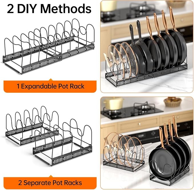 MUDEELA Pots and Pans Organizer Rack for under Cabinet, Expandable 11.81''-22.85'' Pot Lid Kitchen Cabinet Organizer Holder with 10 Adjustable Compartment Cutting Board Organizer for Pan Lid, Bakeware